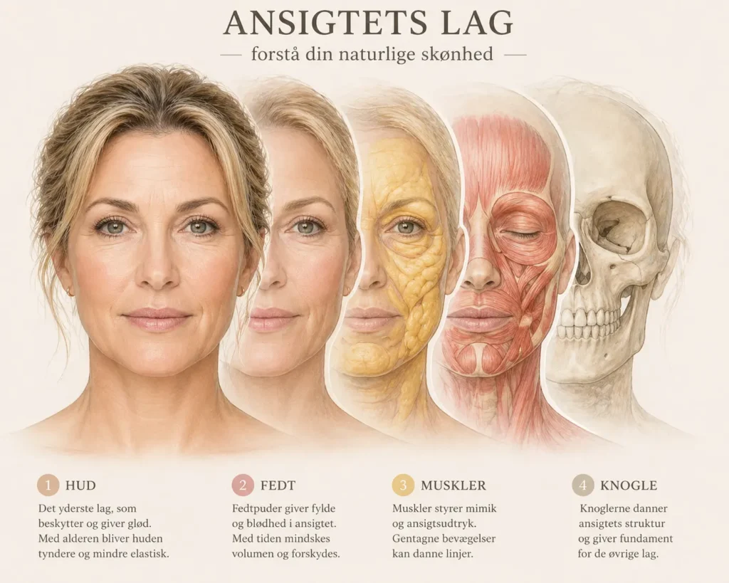 Anatomisk illustration af ansigtets fire lag – hud, fedt, muskler og knogler – der viser ansigtsstrukturens opbygning og aldringsprocesser.